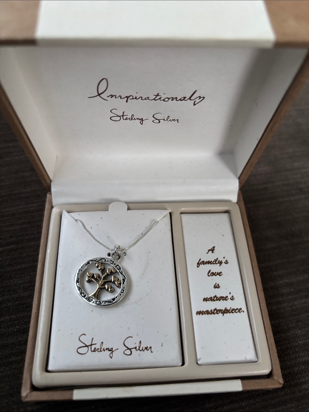 .925 Sterling Silver Two-Tone Tree of Life Pendant Necklace w/ Family Message